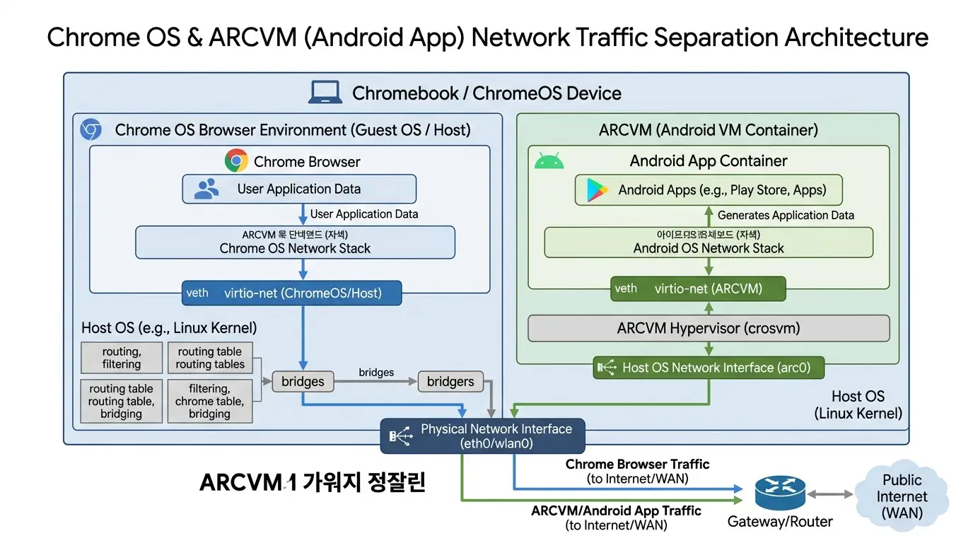 Chrome OS 브라우저의 트래픽과 ARCVM 안드로이드 앱 컨테이너의 트래픽이 완전히 분리되어 있는 네트워크 구조 다이어그램
