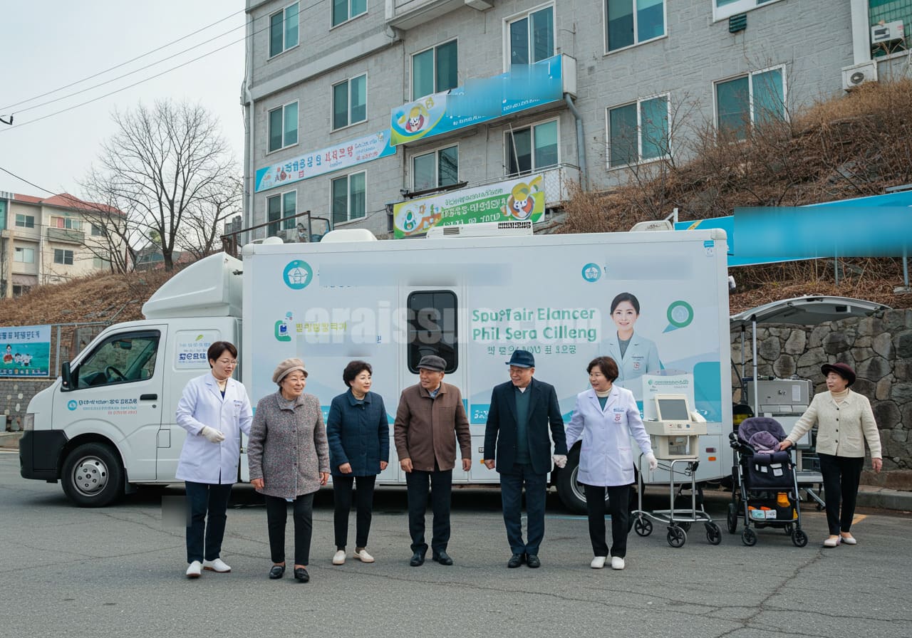 지역 보건소와 협력한 암검진 차량이 커뮤니티 공간에 주차돼 있고, 노년층과 다문화 가정 주민들이 검진을 받기 위해 방문하는 장면. 의료진이 안내하고 있으며, 현장에는 안내 표지와 검진 장비, 주변 건물이 배경을 가득 채움.