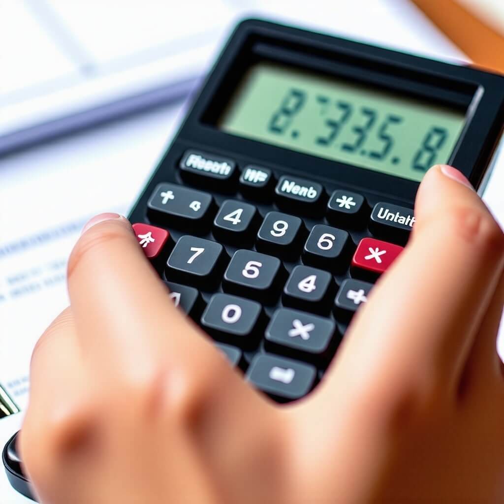 연금 계산기: 연금 전환을 위한 계산기를 사용하는 사람의 손. 화면에 숫자가 표시되어 있는 모습.