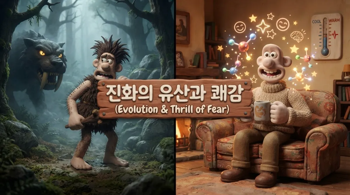 "선사시대 인류 조상이 맹수 앞에서 몸집을 부풀려 방어하는 모습과, 현대인이 안전한 환경에서 공포 영화를 보고 도파민 쾌감을 느끼는 모습을 좌우로 비교한 아드만 클레이 콜라주"