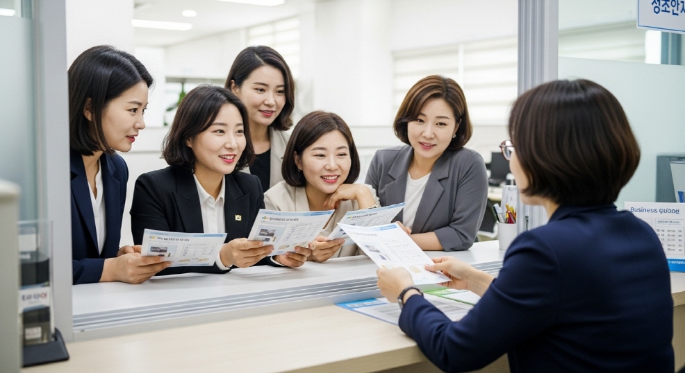 상담창구에서 창업 안내자료를 받는 여성