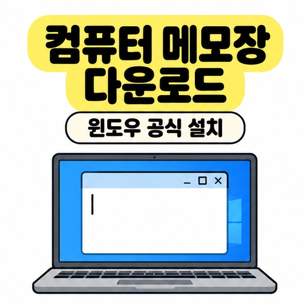 컴퓨터 메모장 다운로드 제목과 윈도우 공식 설치 문구 아래 텍스트 편집 창이 열린 노트북 이미지