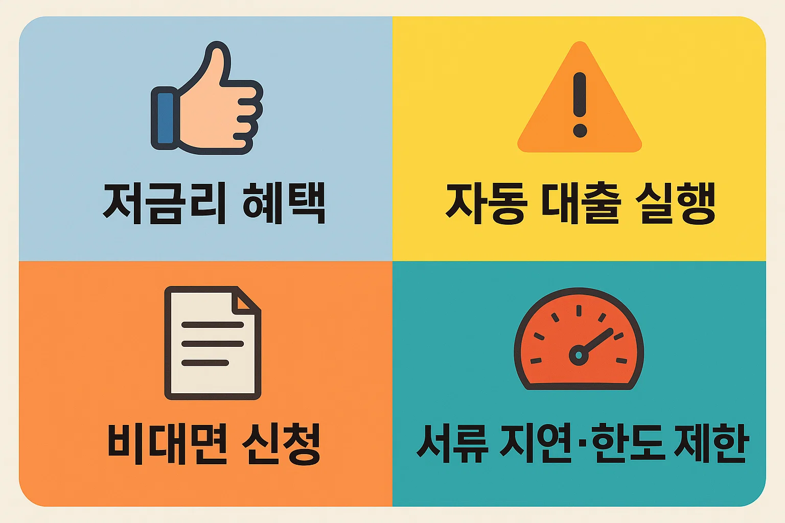 저금리 혜택, 자동 대출 실행, 비대면 신청, 서류 지연 및 한도 제한 등 실제 이용 후기에서 자주 언급된 장단점을 비교한 인포그래픽으로, 대출 신청 전 참고하기 좋은 자료.