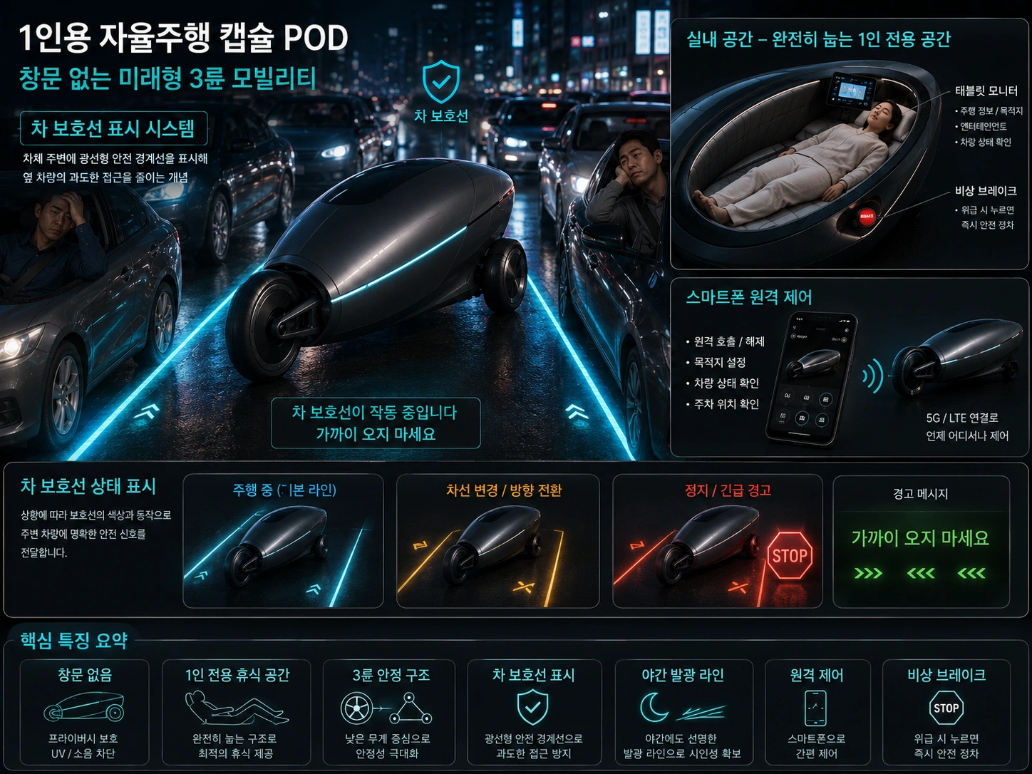 1인용 자율주행 캡슐pod, 창문없는 미래형 3륜 모빌리티, 옆차량의 차선침범을 경고하는 차 보호선 표시 시스템. 블로그 운영자의 독창적인 미래 모빌리티 아이디어입니다.