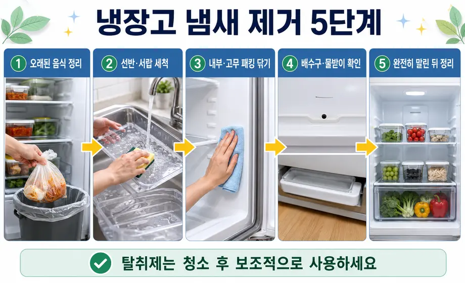 냉장고 냄새 제거를 위한 음식 정리와 내부 청소 5단계