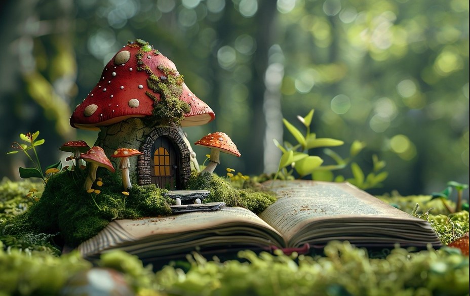 풀밭에 동화책이 펼쳐져 있고, 버섯모양을 한 장난감집이 빨간 지붕을 이고 귀엽게 서있는 사진