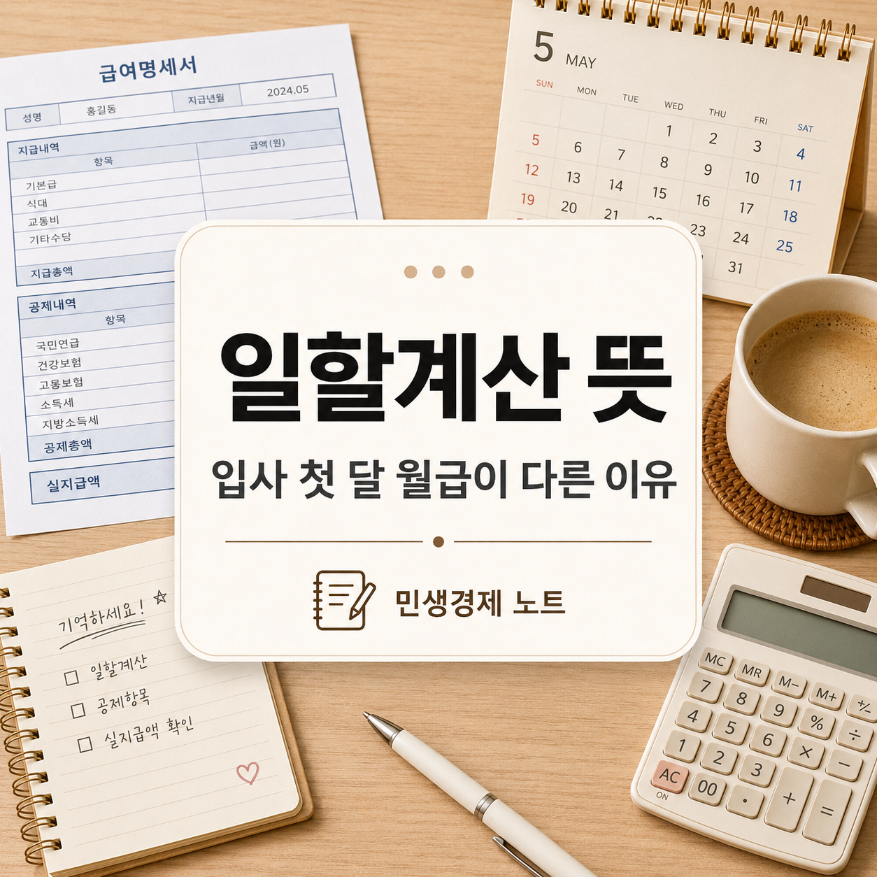 첫 월급명세서를 확인하는 사회 초년생이 일할계산과 입사 첫 달 월급 차이를 공부하는 생활경제 노트형 대표 이미지