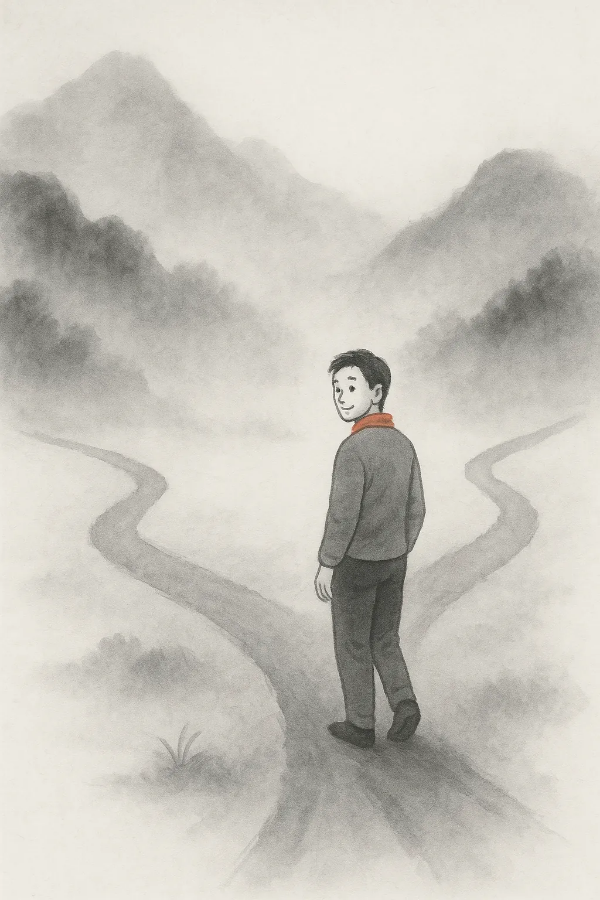 안개 낀 갈림길 앞, 자신을 돌아보며 미소 짓는 인물의 수묵화