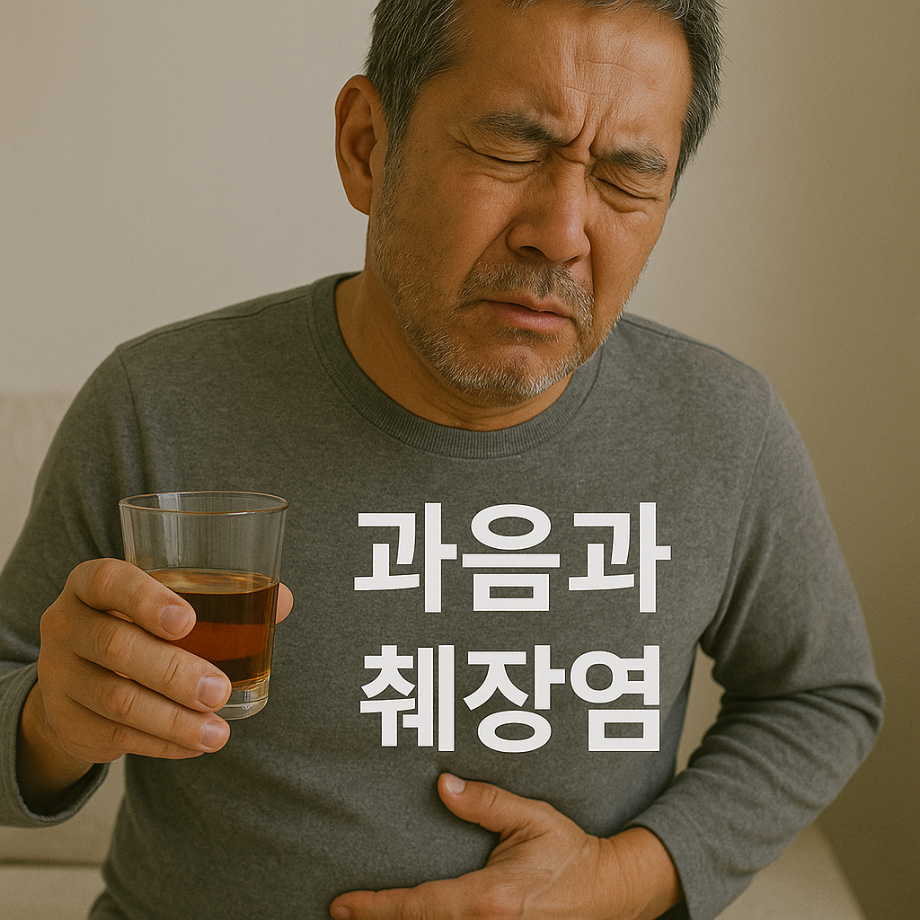 술잔을 들고 복부를 누르며 고통스러운 표정을 짓고 있는 중년 남성, "과음과 췌장염" 텍스트 포함
