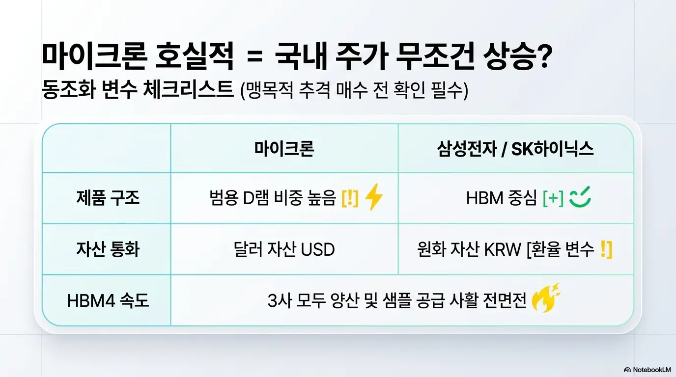 마이크론 실적 발표 결과: &amp;#39;마이크론 호실적은 국내 주가 무조건 상승인가&amp;#39;라는 문구와 동조화 변수 체크리스트 표가 담긴 이미지. 이 이미지는 마이크론과 삼성전자&middot;SK하이닉스의 제품 구조&middot;자산 통화&middot;HBM4 속도 차이를 시각적으로 전달하며&amp;#44; 블로그의 마이크론 실적이 국내 반도체에 미치는 영향과 관련된 내용을 설명함 
