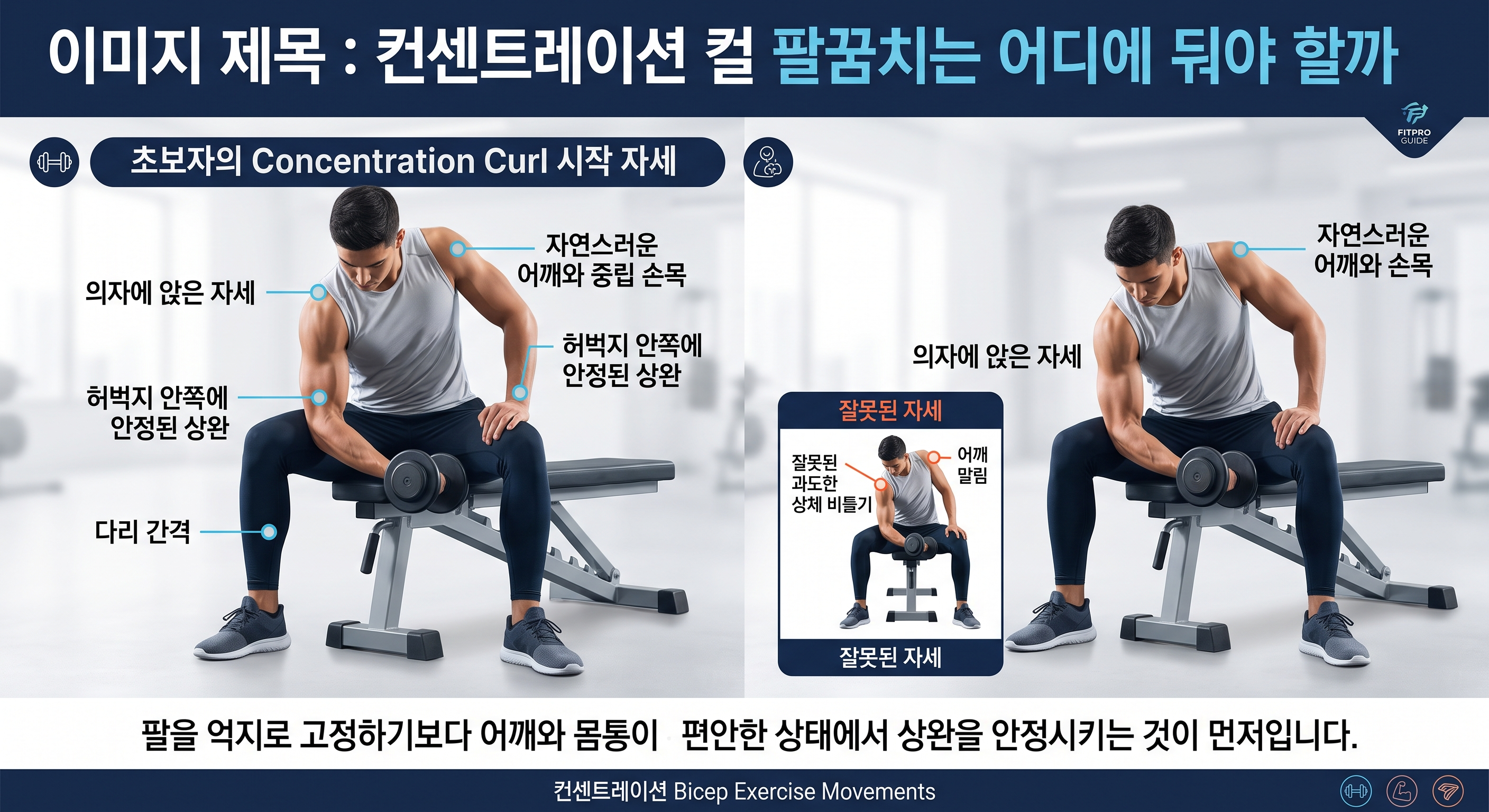 컨센트레이션 컬 팔꿈치는 어디에 둬야 할까