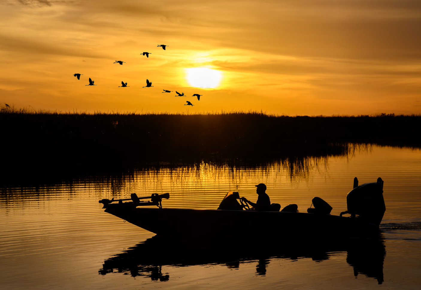 호수-일몰-날아가는-새-호수-위-보트-사진
