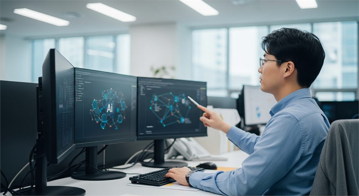 AI 네트워크 흐름을 분석하는 직장인의 모습 