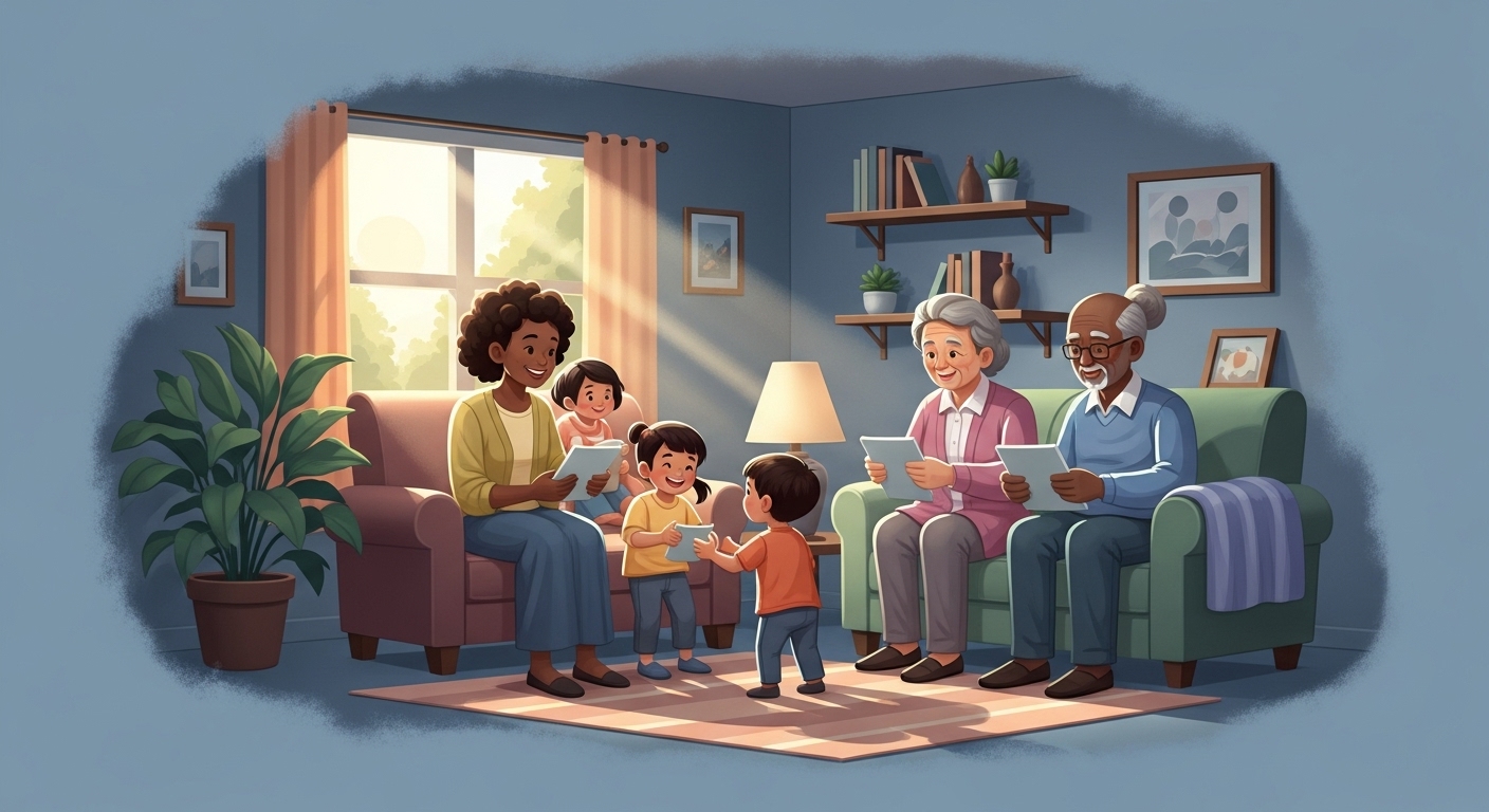 안락한 집에서 평화롭게 시간을 보내는 가족의 모습. 주거급여 혜택으로 안정된 보금자리를 얻은 상황을 나타냅니다.