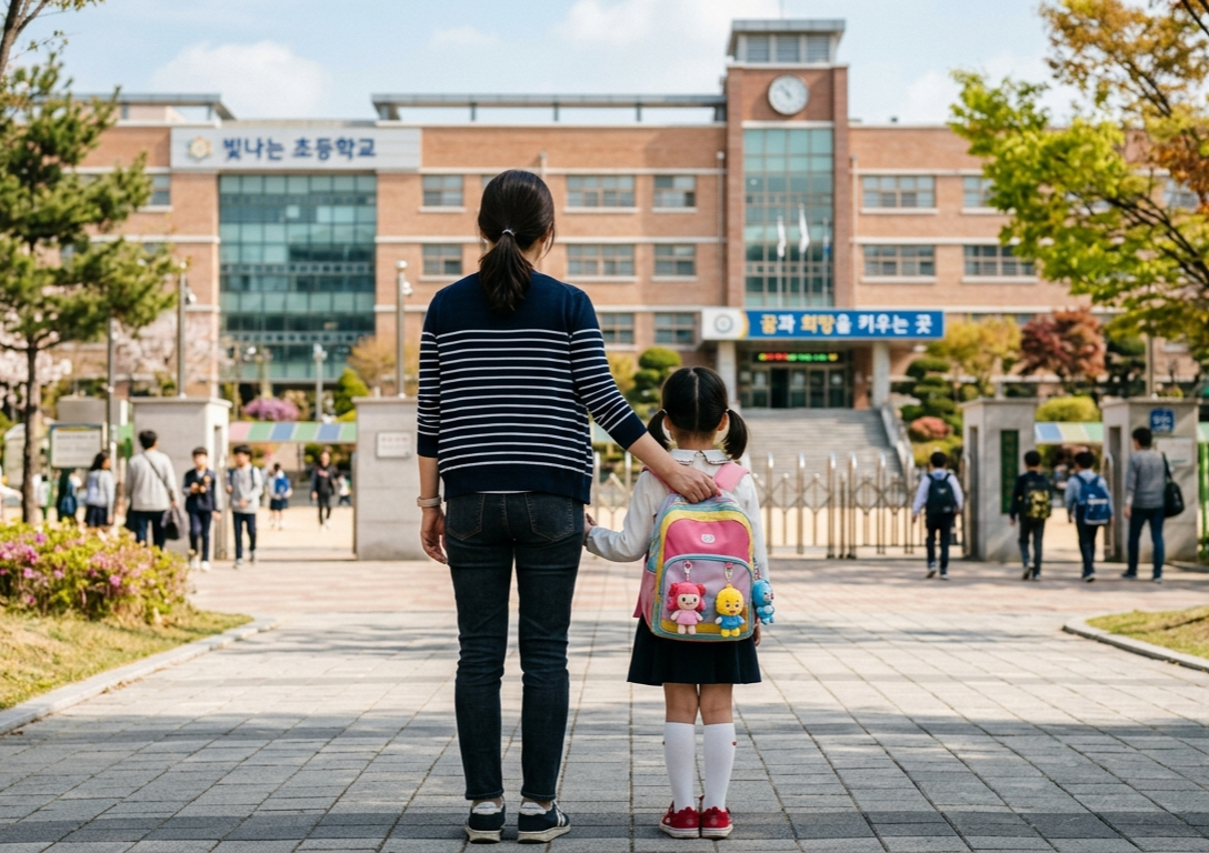 엄마와 아이가 학교를 바라보는 모습