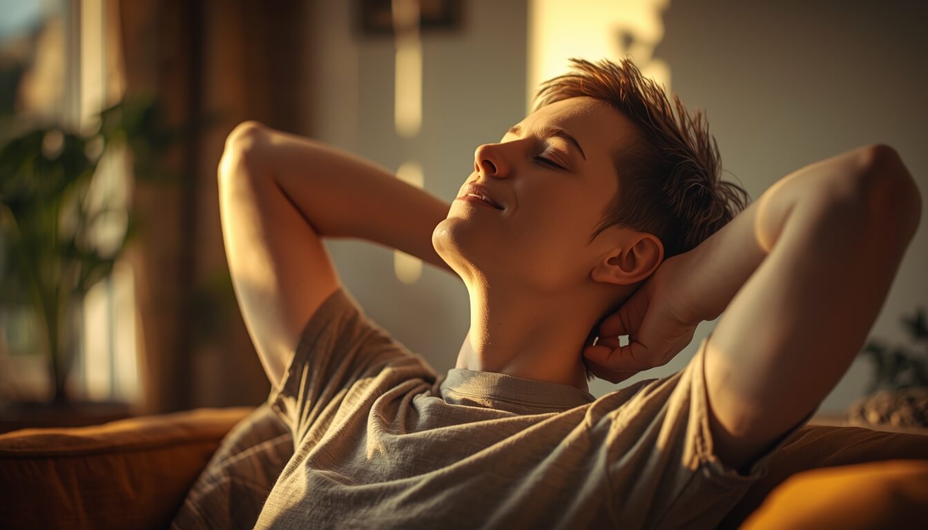 거북목 교정을 위해 집에서 스트레칭하는 사람