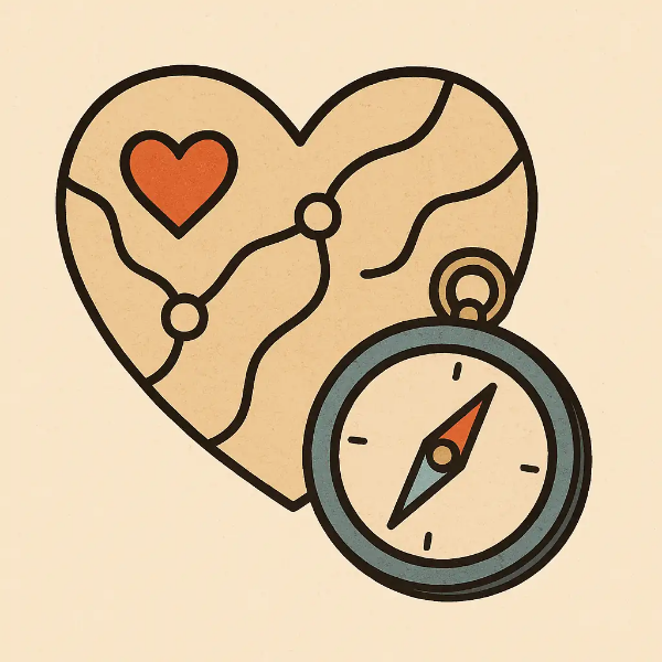 마음의 지도를 펼쳐 감정과 욕구를 찾아 떠나는 여정을 상징하는 나침반과 하트 그림