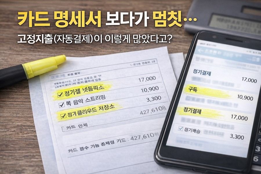 카드 명세서에서 자동결제와 구독 항목이 반복 결제로 표시되어 고정지출을 점검하는 장면입니다.