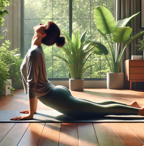 실내에서 평화로운 분위기 속에 cat-cow 자세로 스트레칭 하는 모습