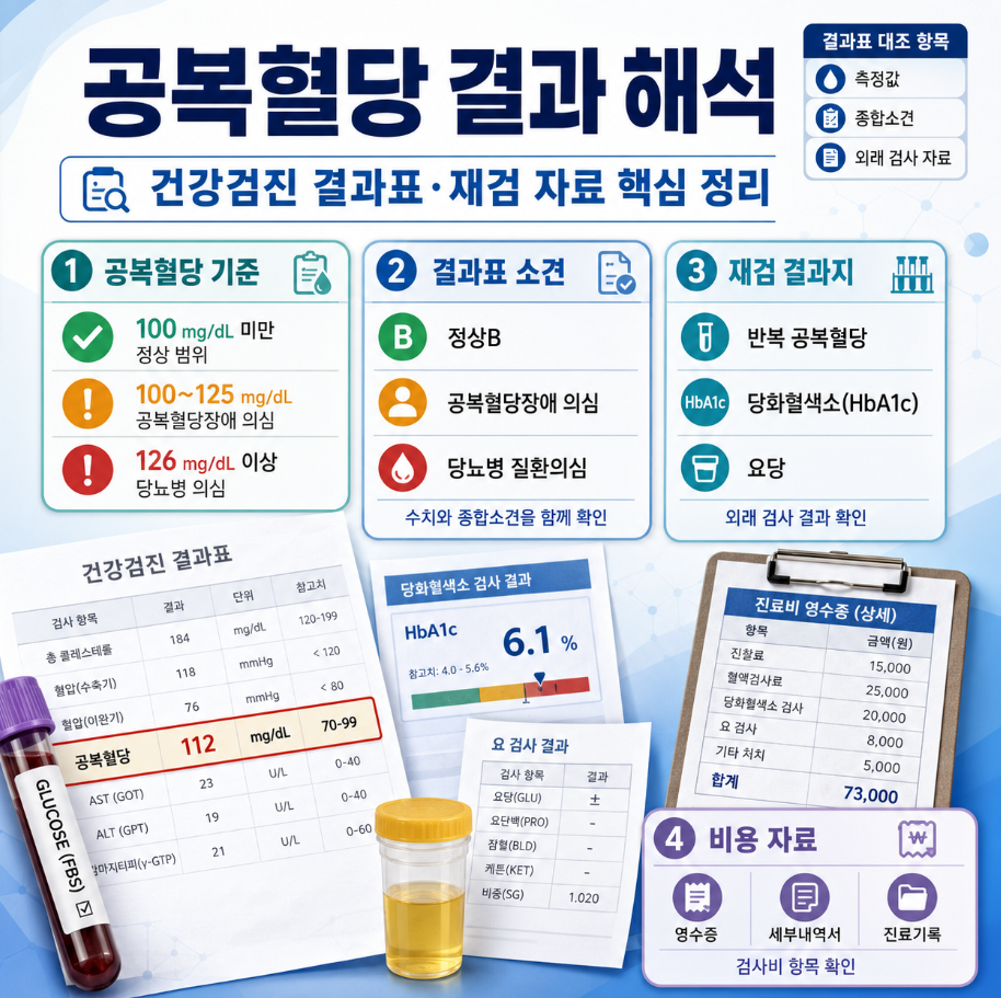 공복혈당 결과표와 재검 자료에서 측정값, 종합소견, 당화혈색소, 요당, 비용 서류를 함께 확인하는 인포그래픽