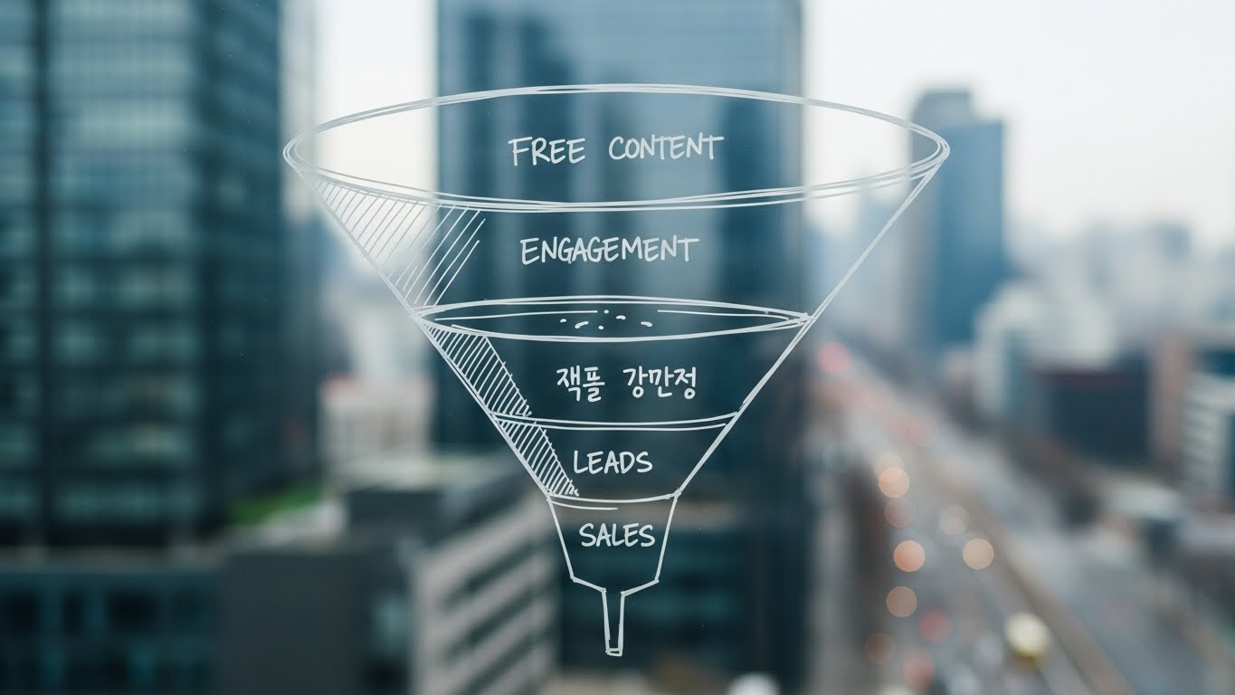 무료 콘텐츠로 고객을 모으고 유료 판매로 연결하는 마케팅 퍼널 전략을 구상하는 한국 마케터
