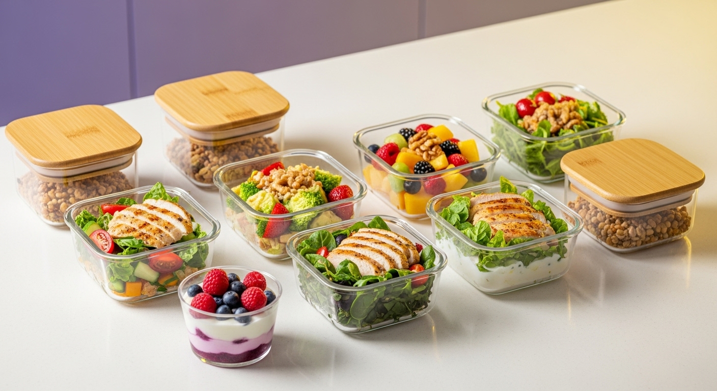 GLP-1 시대에 맞춰 소량으로 포장된 건강한 식단들이 깔끔하게 진열된 주방 카운터의 모습.