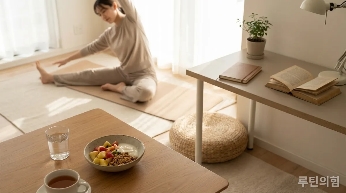건강한 아침 식사, 스트레칭, 명상 등 최적화된 학습 루틴 요소를 담은 이미지