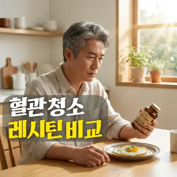 혈관 청소 레시틴 비교
아침 햇살이 비치는 깔끔한 주방에서 50대 한국인 남성이 따뜻하게 요리된 들기름 계란 프라이와 함께 레시틴 영양제 병을 테이블 위에 두고 진지하게 바라보는 모습