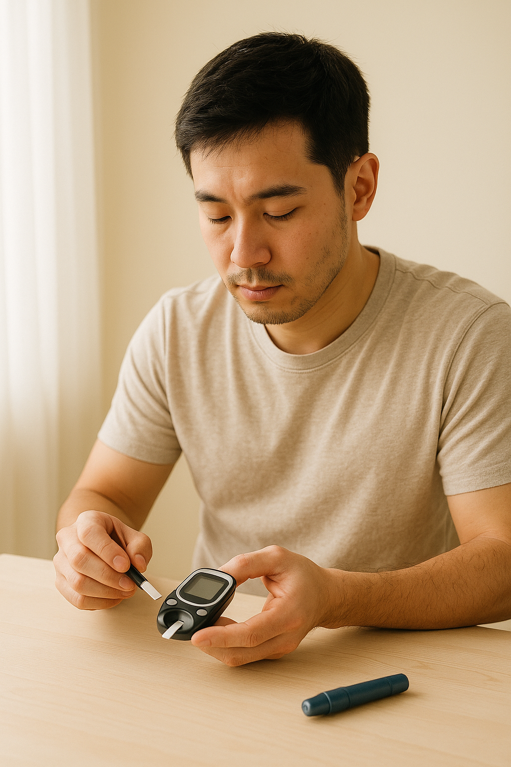 ('테이블 위에서 혈당 측정기를 준비하는 남성의 모습 / A man preparing a blood glucose meter on the table')"