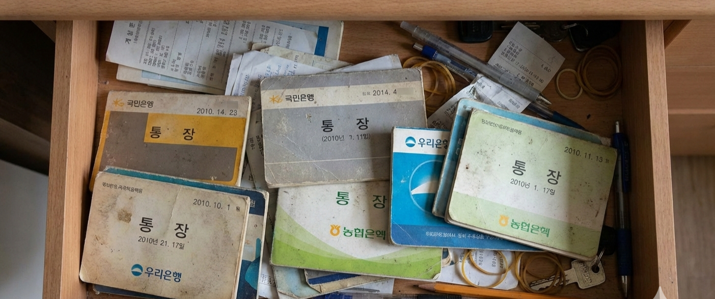 책상 서랍 속에 방치된 오래된 통장들 모습