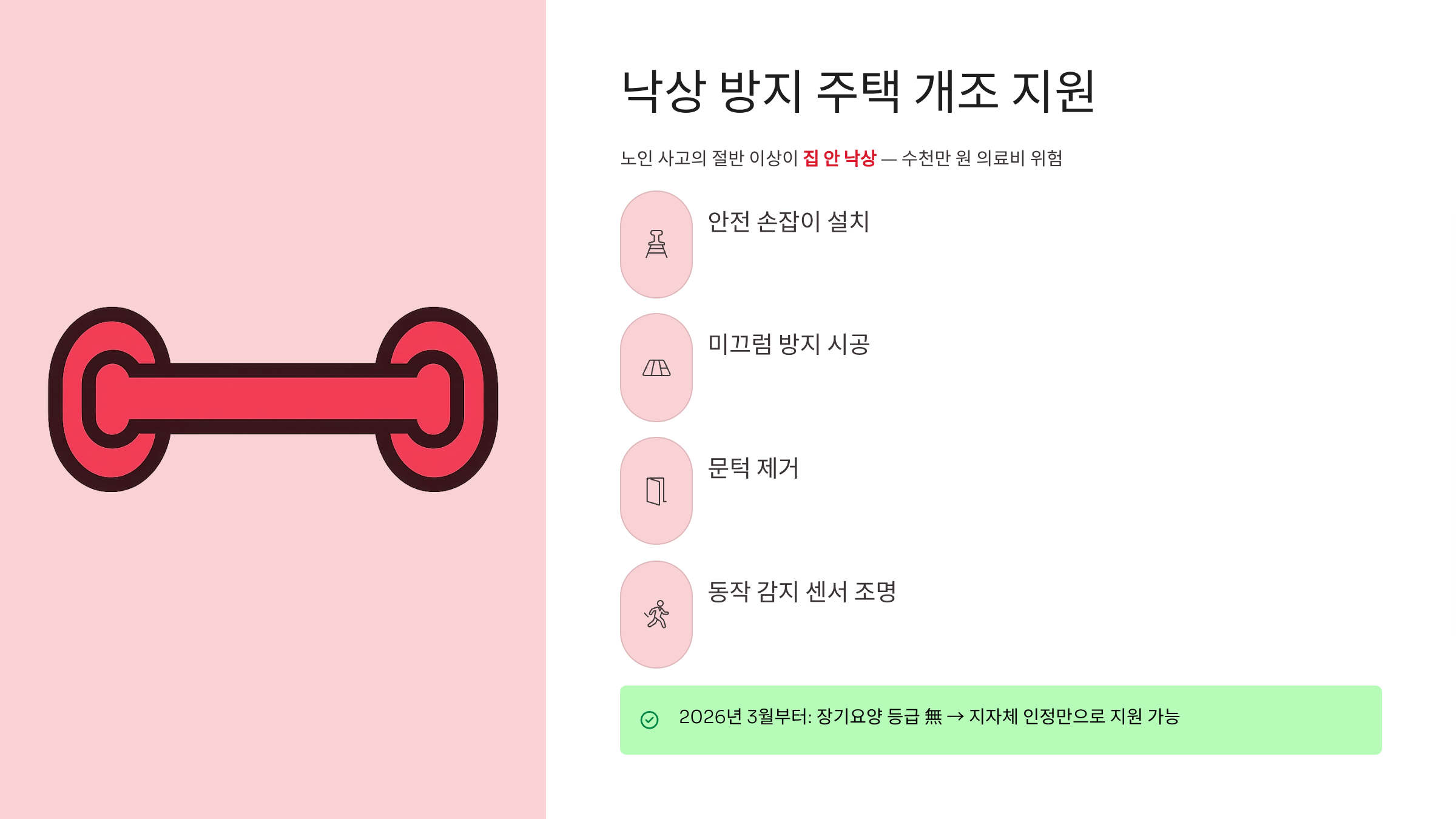 보건복지부 노인 실태 조사에 따르면,

노인 사고의 절반 이상이 집 안에서 발생하며 가장 치명적인 위험은 바로 '낙상'입니다.

고관절 골절 등으로 인한 수백, 수천만 원의 수술비와 간병비 지출은

중장년 가계 자산을 순식간에 증발시킵니다.

2026년부터는 장기요양 등급이 없더라도 거동이 불편하다고 인정되면

지자체를 통해 안전 손잡이 설치, 미끄럼 방지 매트 및 타일 시공,

문턱 제거 및 단차 해소, 동작 감지 센서 조명 등 종합적인 주택 개조(집수리) 서비스를 지원받을 수 있습니다.
