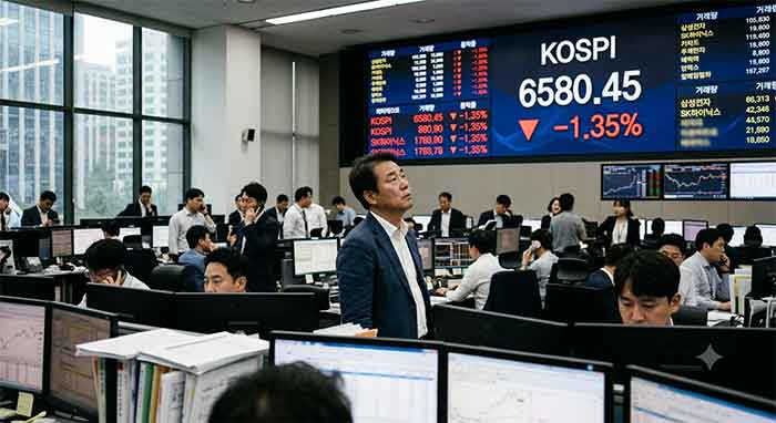 6600선 아래로 하락한 코스피 지수 전광판을 바라보는 증권사 트레이딩룸.