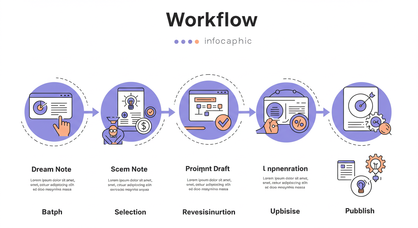 기상 직후 기록&rarr;핵심 장면 선정&rarr;프롬프트 초안&rarr;배치 생성&rarr;선별&rarr;리비전&rarr;업스케일&rarr;출판으로 이어지는 꿈에서 이미지로의 자동화 흐름 다이어그램