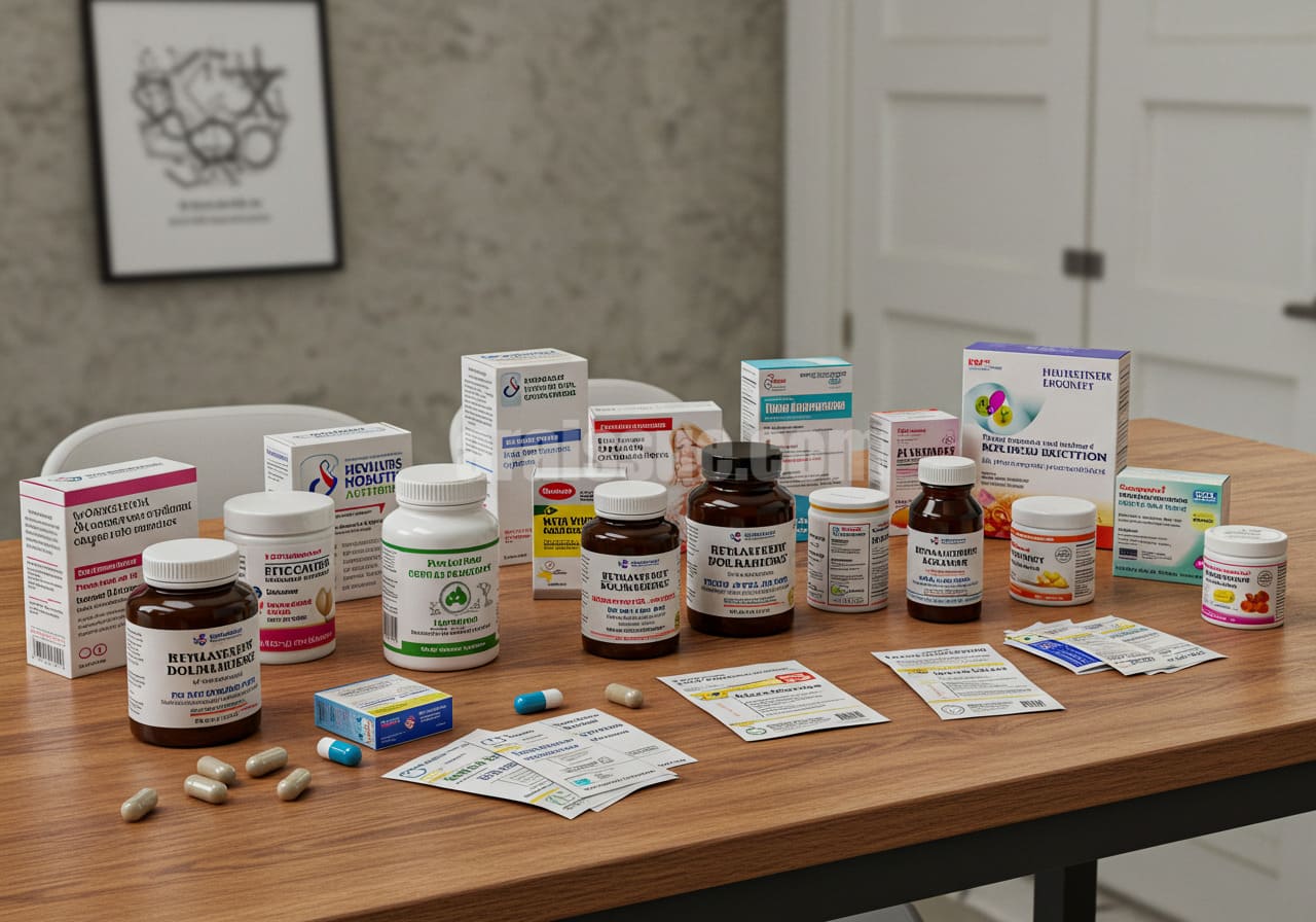 의사의 처방이 필요한 건강식품이 탁자 위에 나열된 리얼한 이미지.