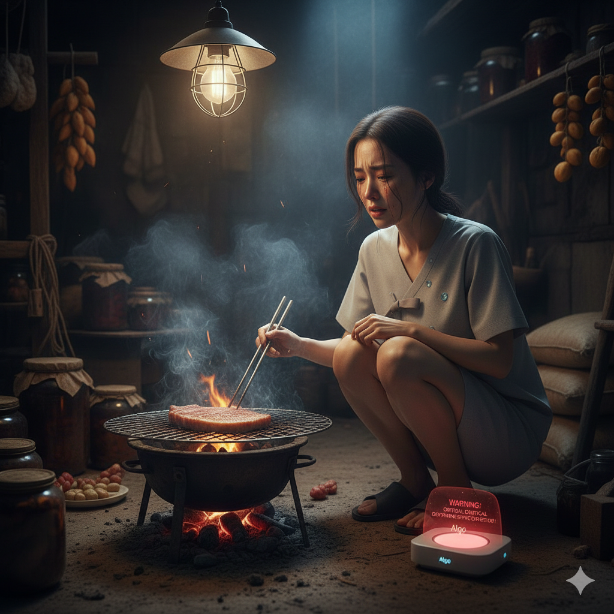 어두운 지하실에서 웅크리고 앉아 석쇠 위에 고기를 굽고 있는 순이. 눈물을 흘리는 그녀의 발치에는 붉은색 경고 메시지를 띄운 AI 기기 알고(Algo)가 놓여 있다.