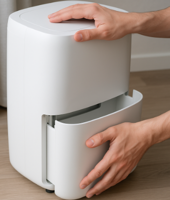 제습기 물통을 꺼내 정비하는 손