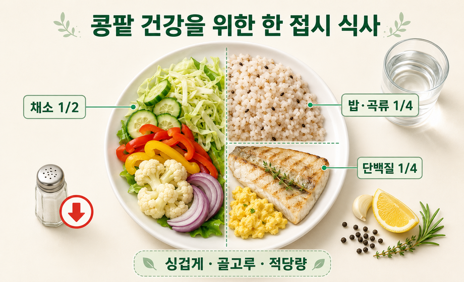 콩팥 건강을 위한 한 접시 식사 구성으로 채소, 곡류, 단백질을 균형 있게 배치한 이미지