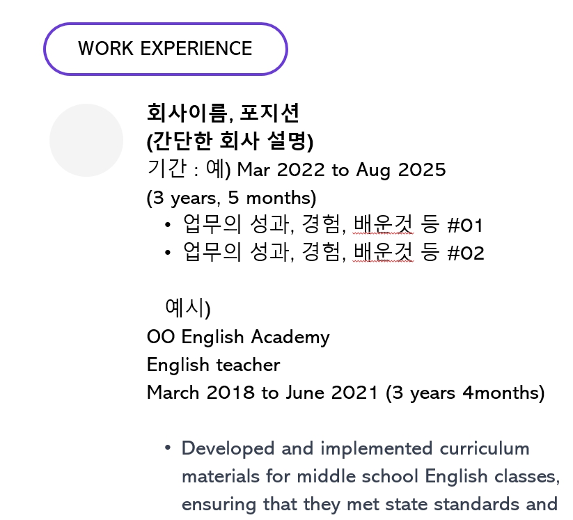 영문 이력서 업무경력