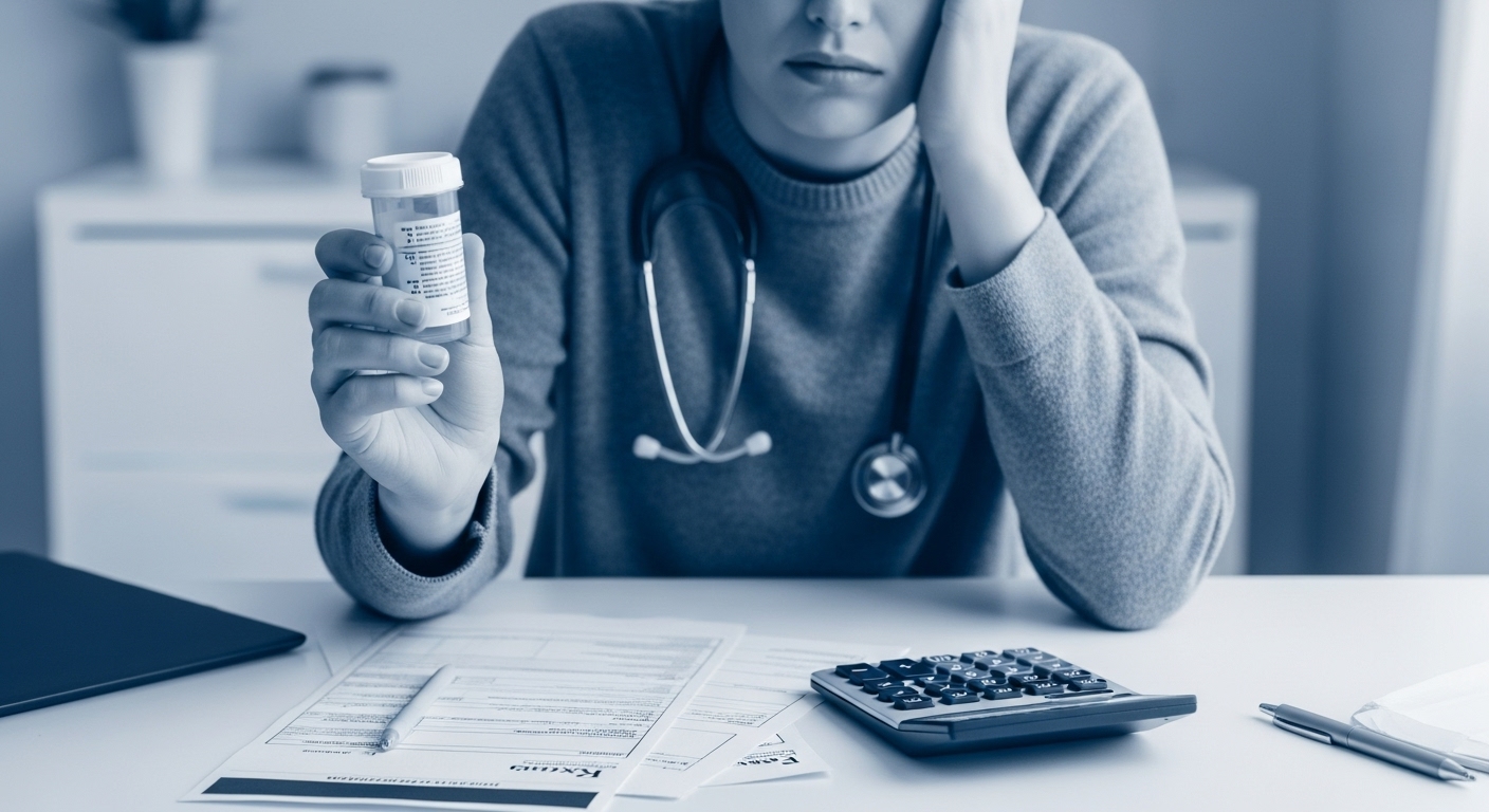 변경된 약제 기준으로 인해 약값 계산에 어려움을 겪는 사람이 처방약과 계산기를 들고 있는 모습