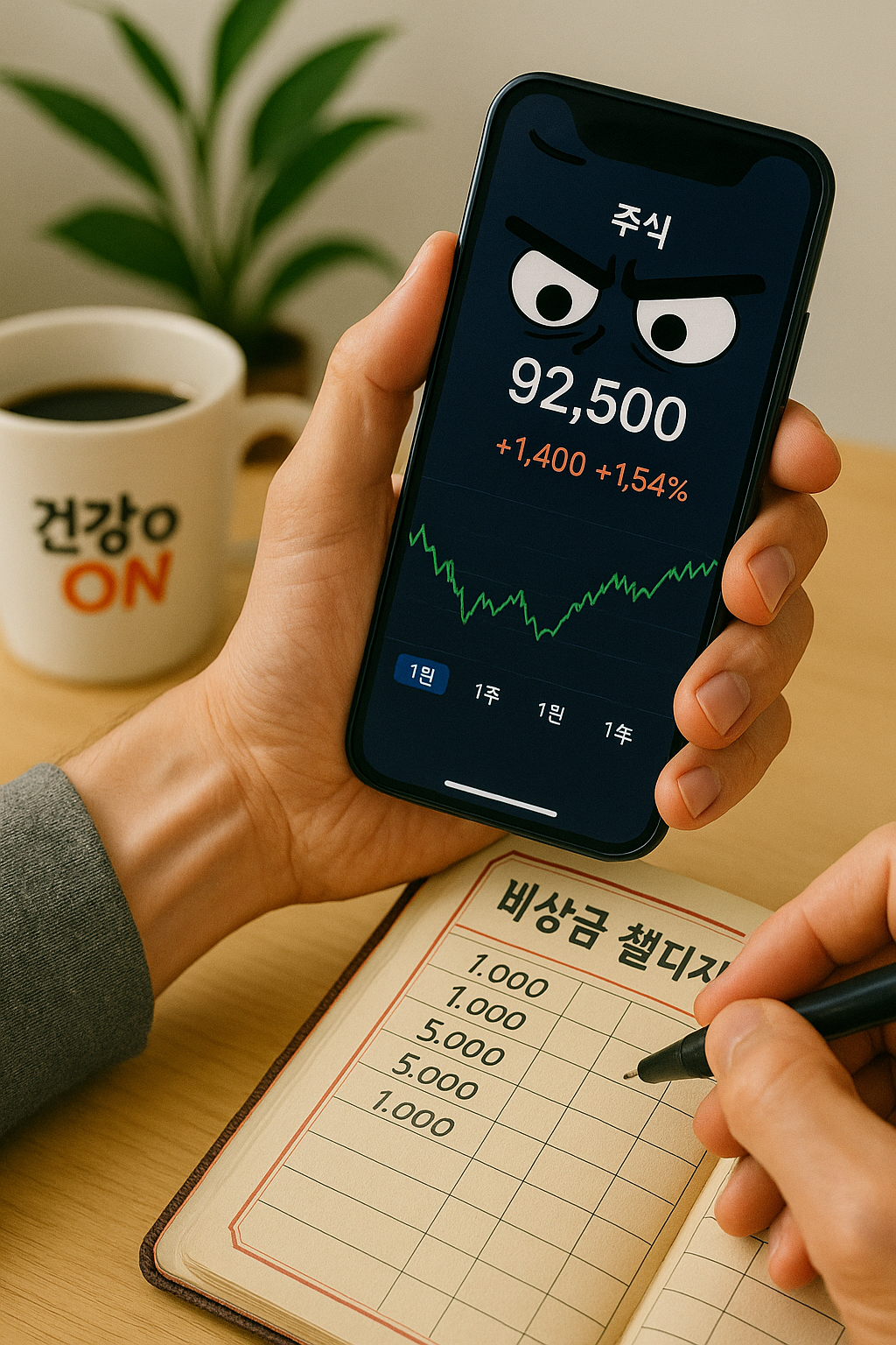 가계부에 비상금 챌린지를 기록하는 모습 