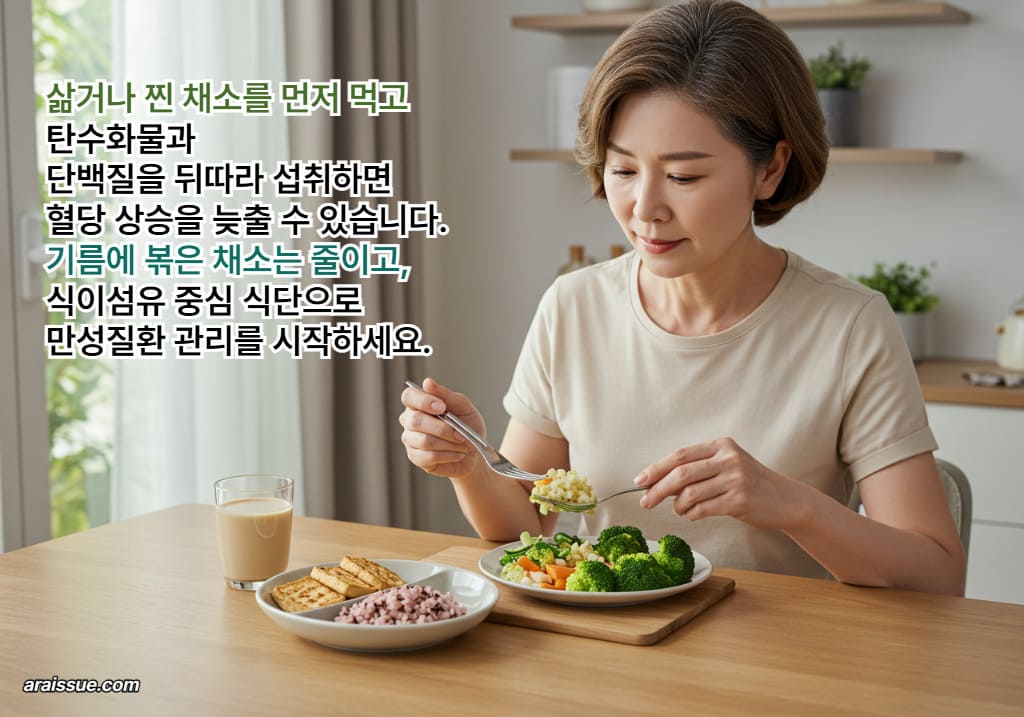 삶거나 찐 채소를 먼저 먹고 탄수화물과 단백질을 뒤따라 섭취하면 혈당 상승을 늦출 수 있습니다. 기름에 볶은 채소는 줄이고, 식이섬유 중심 식단으로 만성질환 관리를 시작하세요.