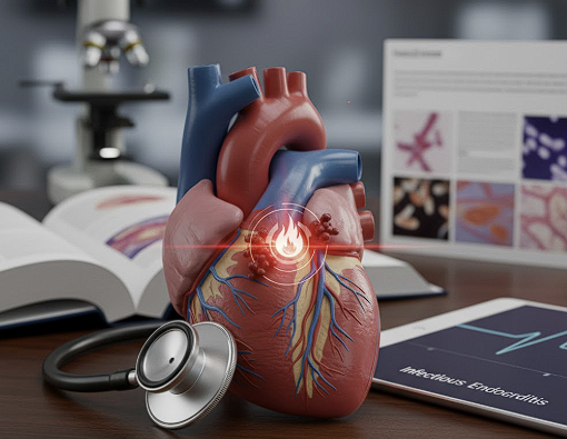 청진기가 심장 해부도 위에 놓여 있으며, 감염성 심내막염의 진단을 상징하는 모습