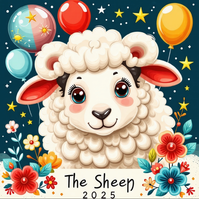 2025년 양띠 운세(재물운, 애정운, 건강운)을 나타내는 양띠 이미지입니다.