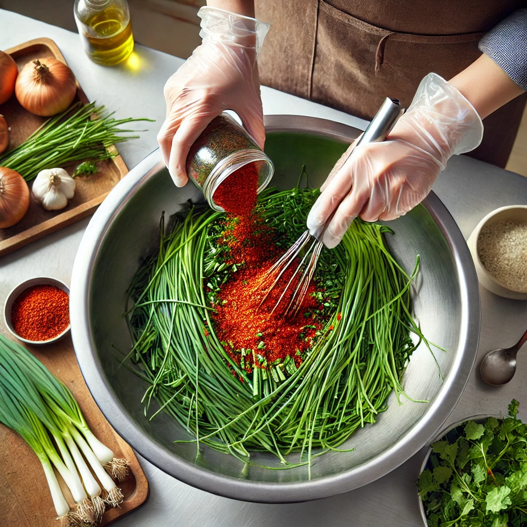 6단계: 무치기
양념이 고루 배도록 살살 무쳐주세요. 너무 세게 누르면 풀이 죽어요!