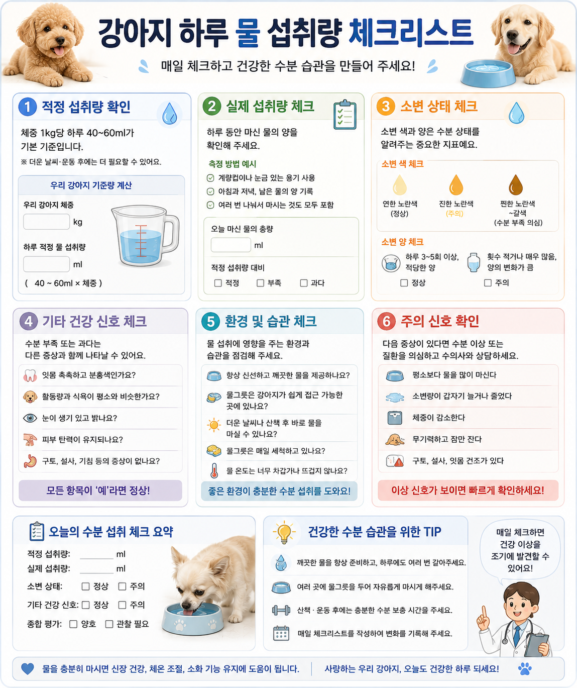 강아지 하루 물 섭취량을 꾸준히 관리하기 위한 체크리스트 이미지