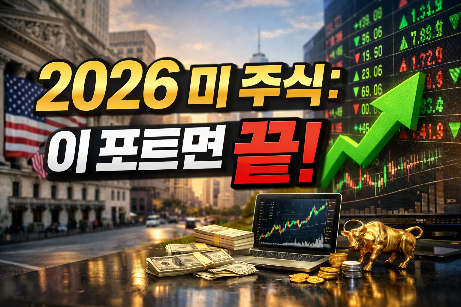 미국 증시 시세판과 초록 상승 화살표, 노트북 주가 차트·달러 지폐·금색 황소와 코인이 있는 배경에 2026 미 주식 포트 구성 핵심 텍스트가 들어간 투자 썸네일