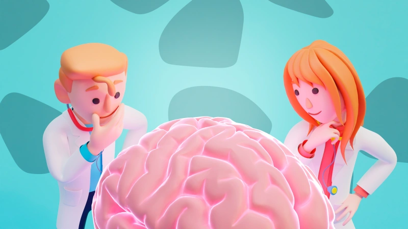 두뇌 건강을 강조하기 위해 뇌 모형을 보고 있는 두 의사