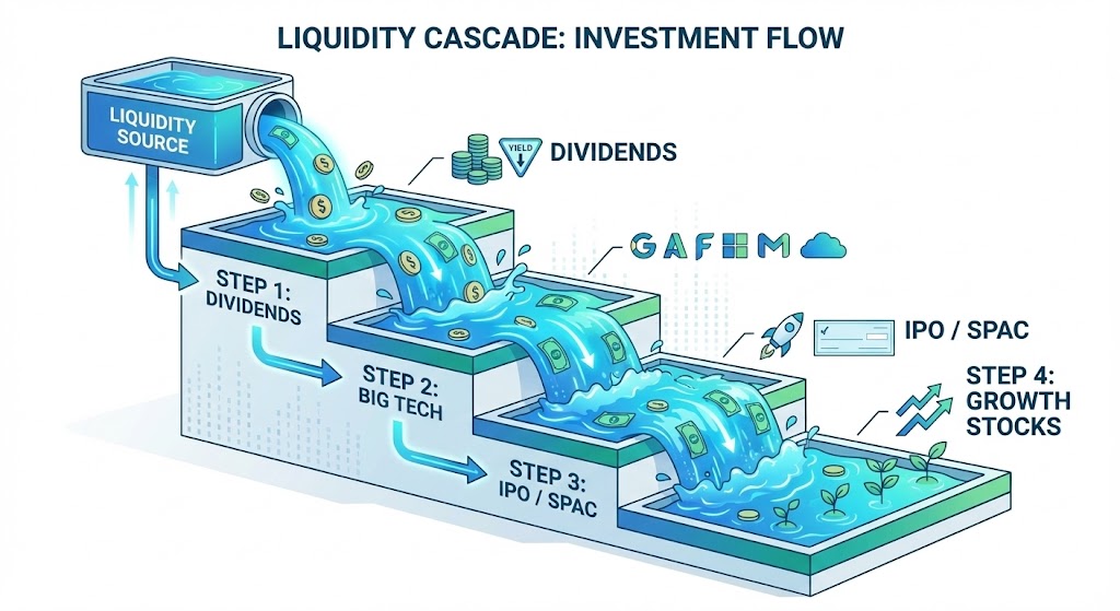 물이 위에서 아래로 흐르듯, 자금이 1단계(배당) → 2단계(빅테크) → 3단계(IPO) → 4단계(성장주 전반)로 확산되는 과정을 표현한 흐름도