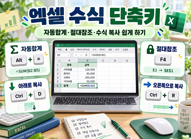 엑셀 수식 단축키｜자동합계&middot;절대참조&middot;수식 복사 쉽게 하기