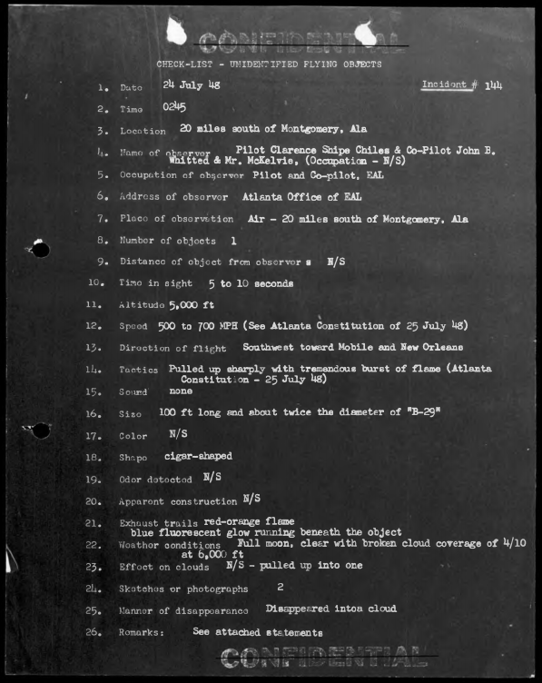 1948 Chiles Whitted cigar shaped UFO Incident 144 U.S. Air Force report